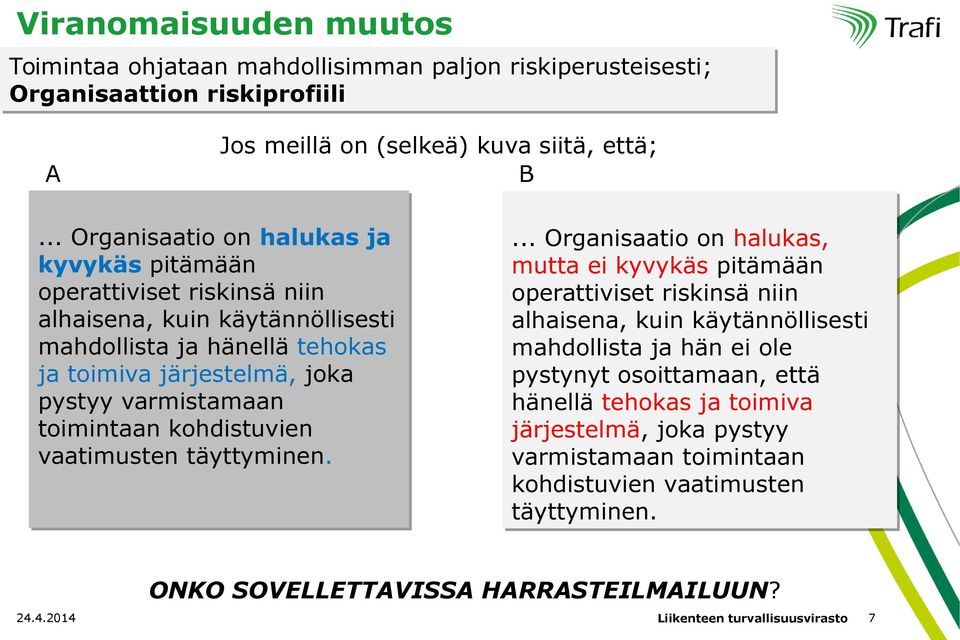 ..... Organisaatio Organisaatio on on halukas halukas ja ja kyvykäs kyvykäs pitämään pitämään operattiviset operattiviset riskinsä riskinsä niin niin alhaisena, alhaisena, kuin kuin käytännöllisesti