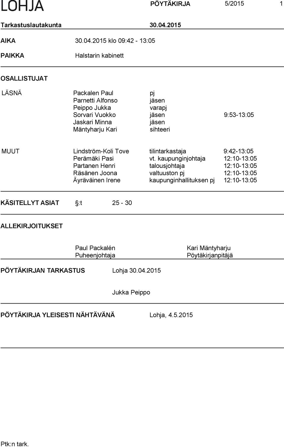 2015 klo 09:42-13:05 PAIKKA Halstarin kabinett OSALLISTUJAT LÄSNÄ Packalen Paul pj Parnetti Alfonso jäsen Peippo Jukka varapj Sorvari Vuokko jäsen 9:53-13:05 Jaskari Minna