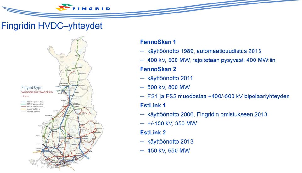 800 MW FS1 ja FS2 muodostaa +400/-500 kv bipolaariyhteyden EstLink 1 käyttöönotto
