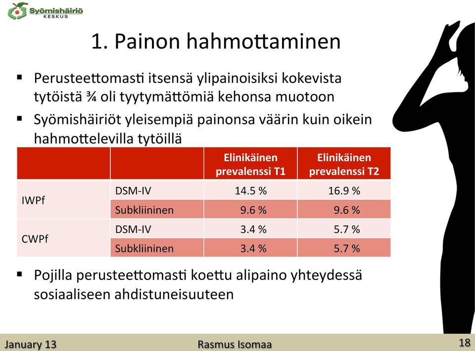 prevalenssi T1 Elinikäinen prevalenssi T2 DSM- IV 14.5 % 16.9 % Subkliininen 9.6 % 9.6 % DSM- IV 3.4 % 5.