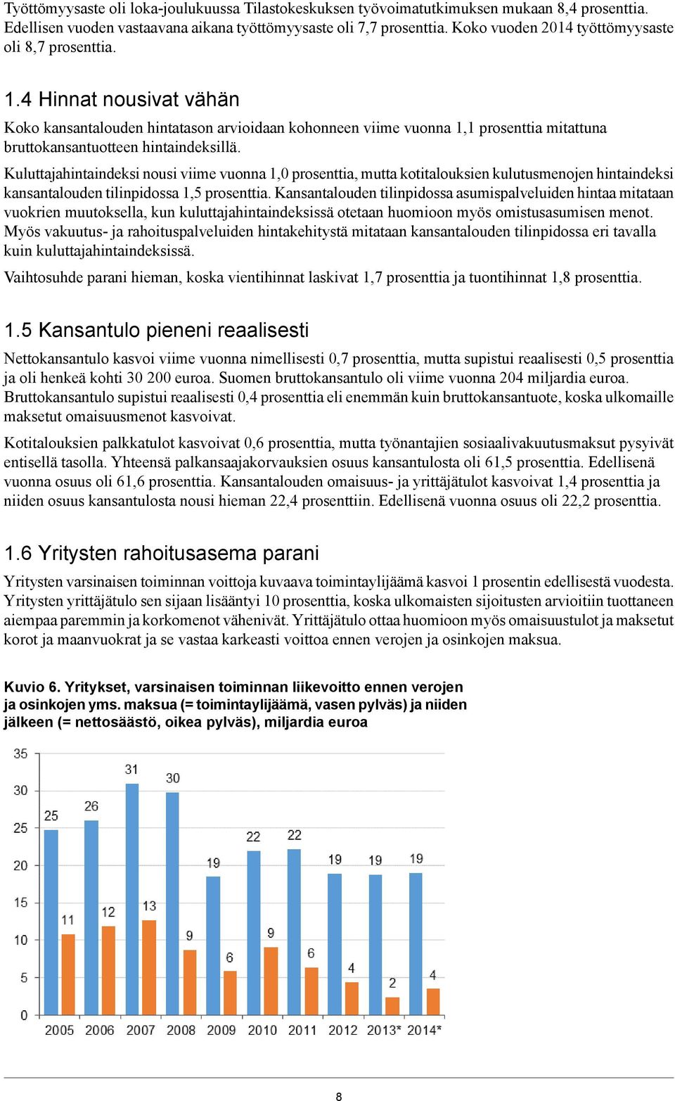 4 Hinnat nousivat vähän Koko kansantalouden hintatason arvioidaan kohonneen viime vuonna 1,1 prosenttia mitattuna bruttokansantuotteen hintaindeksillä.