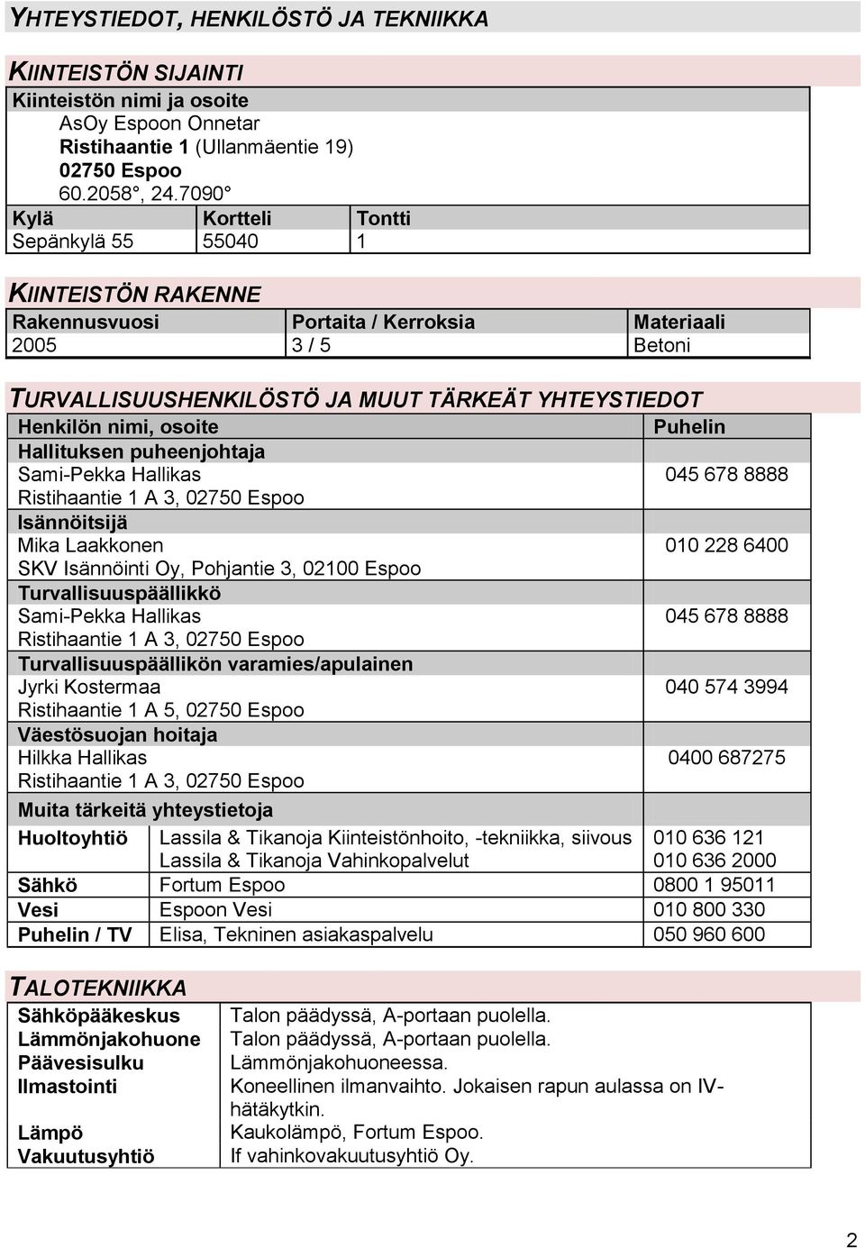 osoite Puhelin Hallituksen puheenjohtaja Sami-Pekka Hallikas 045 678 8888 Ristihaantie 1 A 3, 02750 Espoo Isännöitsijä Mika Laakkonen 010 228 6400 SKV Isännöinti Oy, Pohjantie 3, 02100 Espoo