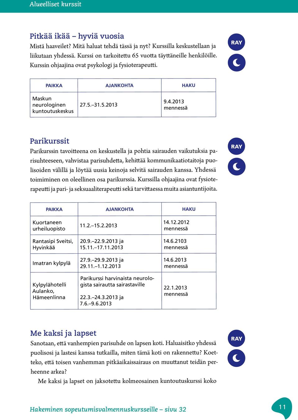 2013 Parikurssit Parikurssin tavoitteena on keskustella ja pohtia sairauden vaikutuksia parisuhteeseen, vahvistaa parisuhdetta, kehittää kommunikaatiotaitoja puolisoiden välillä ja löytää uusia