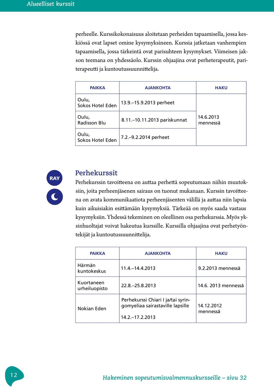 Kurssin ohjaajina ovat perheterapeutit, pariterapeutti ja kuntoutussuunnittelija. PAIKKA AJANKOHTA HAKU Oulu, Sokos Hotel Eden Oulu, Radisson Blu Oulu, Sokos Hotel Eden 13.9. 15.9.2013 perheet 8.11.