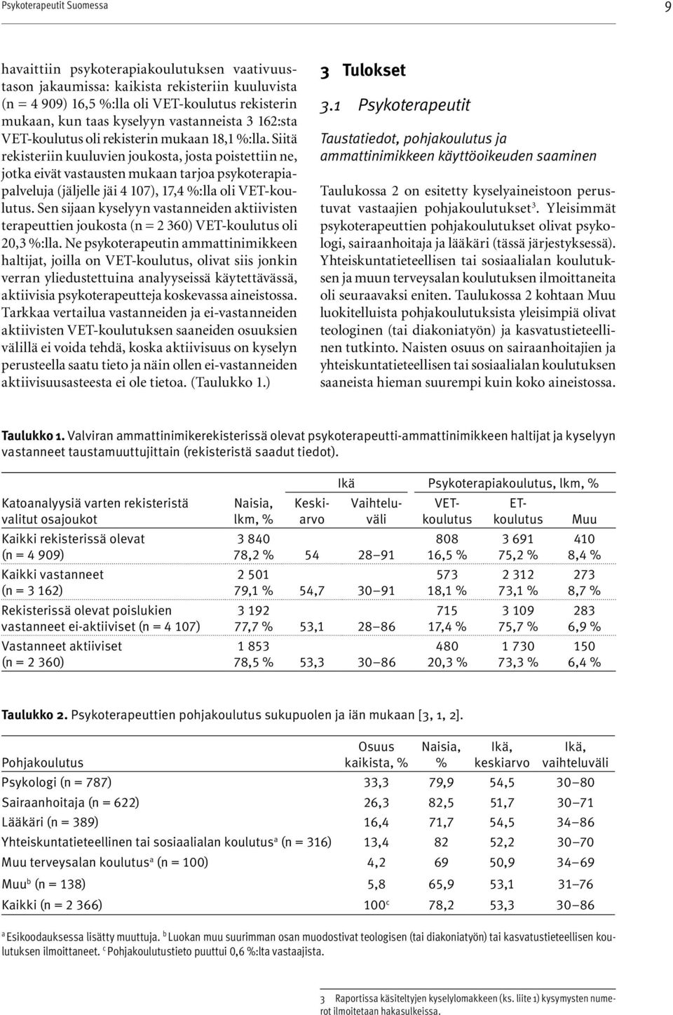 Siitä rekisteriin kuuluvien joukosta, josta poistettiin ne, jotka eivät vastausten mukaan tarjoa psykoterapiapalveluja (jäljelle jäi 4 107), 17,4 %:lla oli VET-koulutus.
