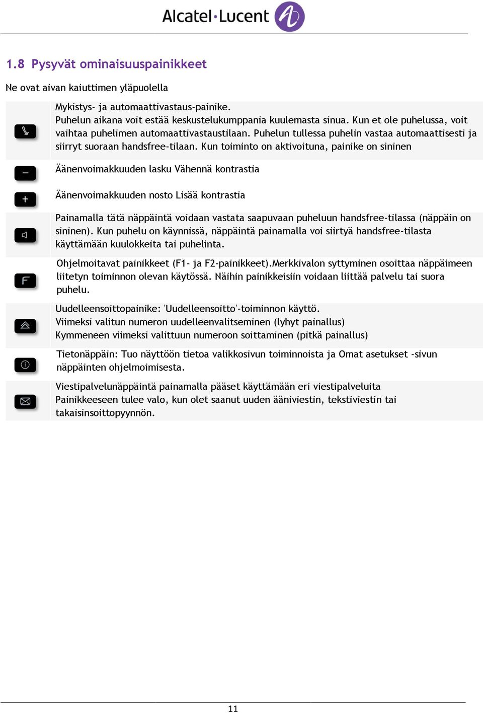 Kun toiminto on aktivoituna, painike on sininen Äänenvoimakkuuden lasku Vähennä kontrastia Äänenvoimakkuuden nosto Lisää kontrastia Painamalla tätä näppäintä voidaan vastata saapuvaan puheluun
