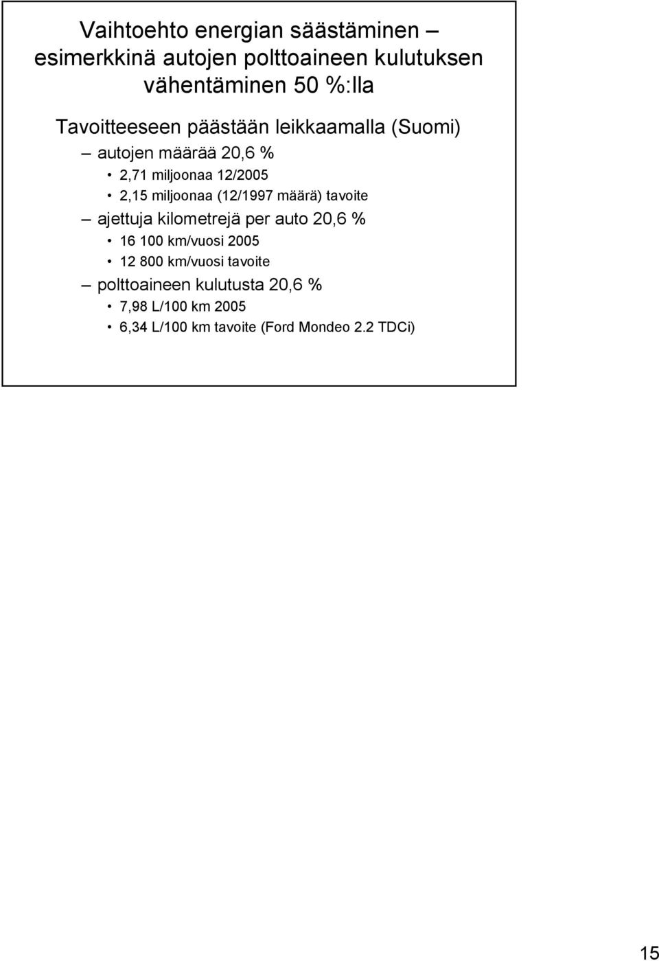 miljoonaa (12/1997 määrä) tavoite ajettuja kilometrejä per auto 20,6 % 16 100 km/vuosi 2005 12 800