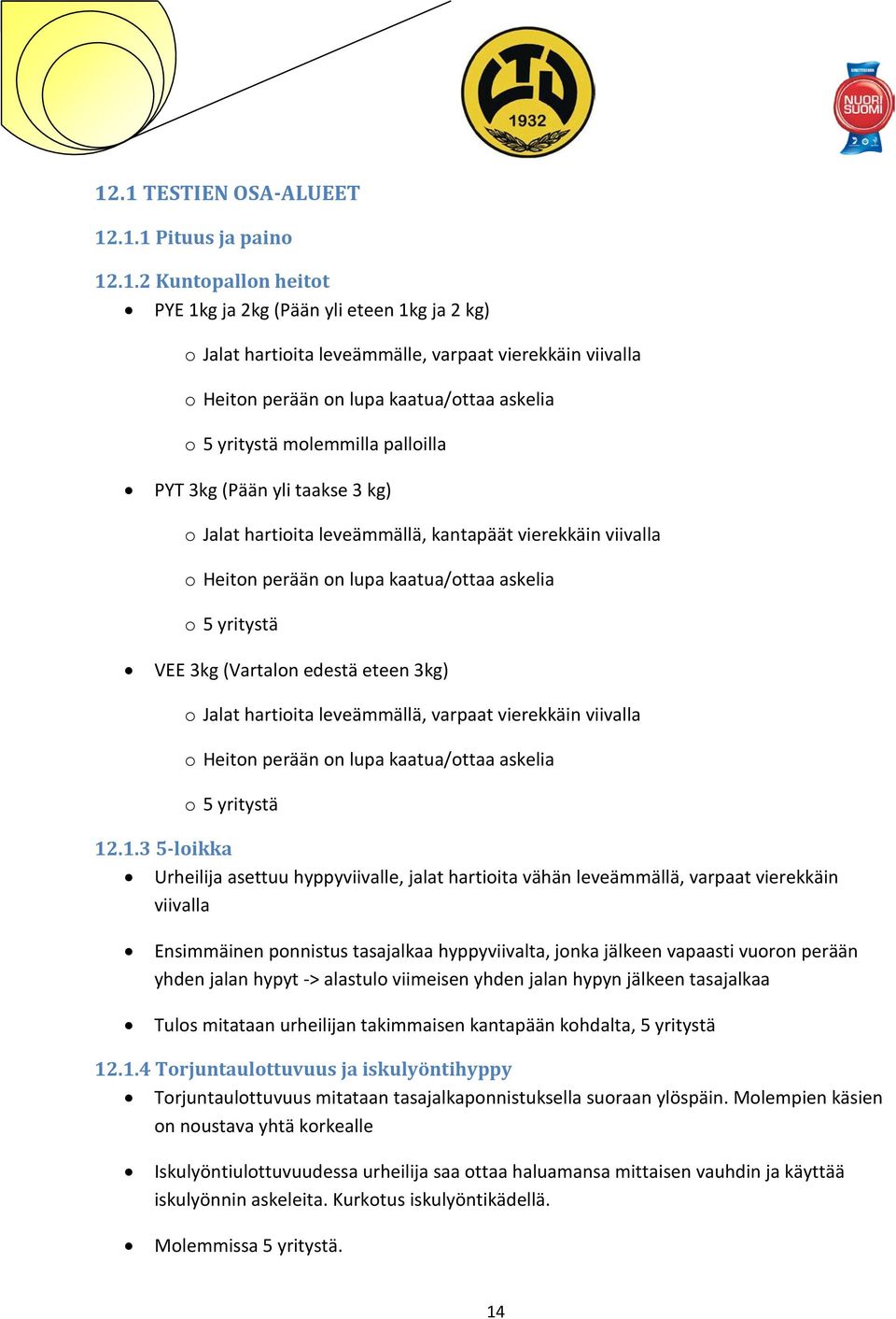 yritystä VEE 3kg (Vartalon edestä eteen 3kg) o Jalat hartioita leveämmällä, varpaat vierekkäin viivalla o Heiton perään on lupa kaatua/ottaa askelia o 5 yritystä 12