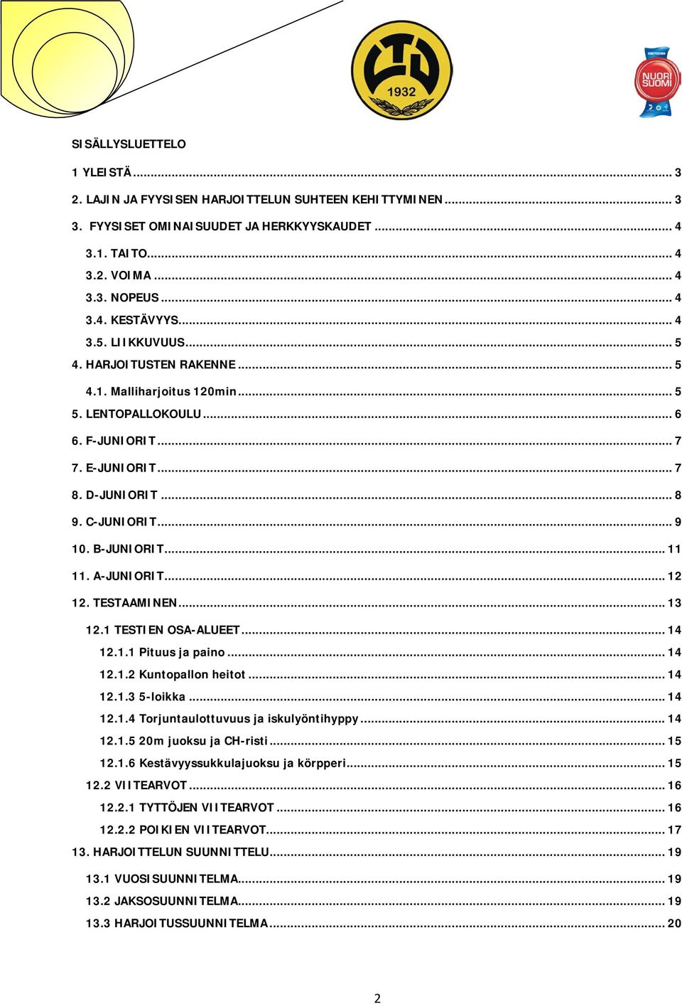 B-JUNIORIT... 11 11. A-JUNIORIT... 12 12. TESTAAMINEN... 13 12.1 TESTIEN OSA-ALUEET... 14 12.1.1 Pituus ja paino... 14 12.1.2 Kuntopallon heitot... 14 12.1.3 5-loikka... 14 12.1.4 Torjuntaulottuvuus ja iskulyöntihyppy.