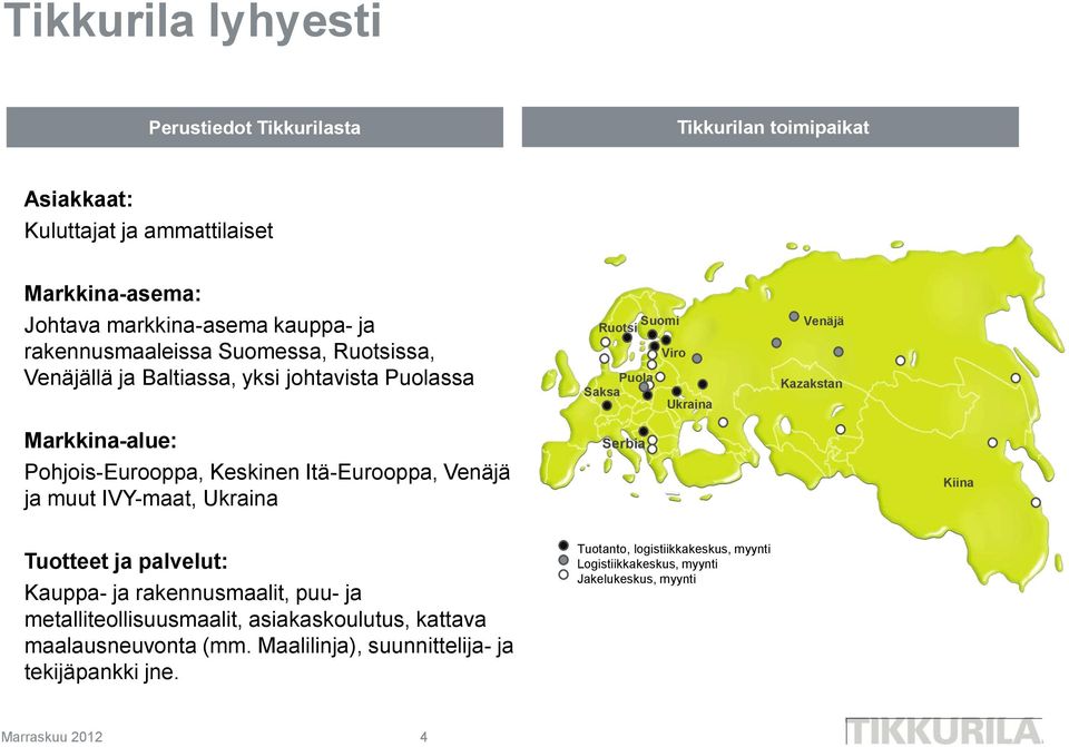 Pohjois-Eurooppa, Keskinen Itä-Eurooppa, Venäjä ja muut IVY-maat, Ukraina Serbia Kiina Tuotteet ja palvelut: Kauppa- ja rakennusmaalit, puu- ja metalliteollisuusmaalit,