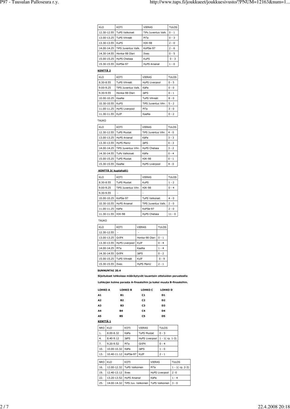 55 Honka-98 Olari JäPS 0-1 10.00-10.25 KaaNa TuPS Vihreät 8-0 10.30-10.55 KuPS TiPS Juventus Vihr. 5-2 11.00-11.25 HyPS Liverpool PiTa 3-0 11.30-11.55 KyIF KaaNa 0-2 TAUKO 12.30-12.