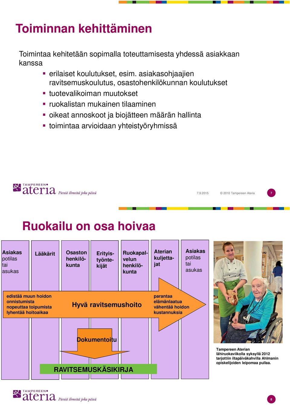 yhteistyöryhmissä 7 Ruokailu on osa hoivaa Asiakas potilas tai asukas Lääkärit Aterian kuljettajat Erityistyöntekijät Osaston henkilökunta Ruokapalvelun henkilökunta Asiakas potilas tai asukas