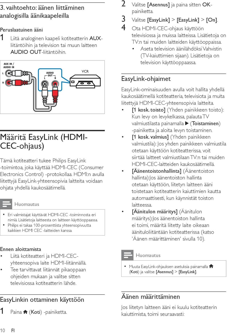 HDMI:n avulla liitettyjä EasyLink-yhteensopivia laitteita voidaan ohjata yhdellä kaukosäätimellä. Huomautus Eri valmistajat käyttävät HDMI-CEC -toiminnosta eri nimiä.