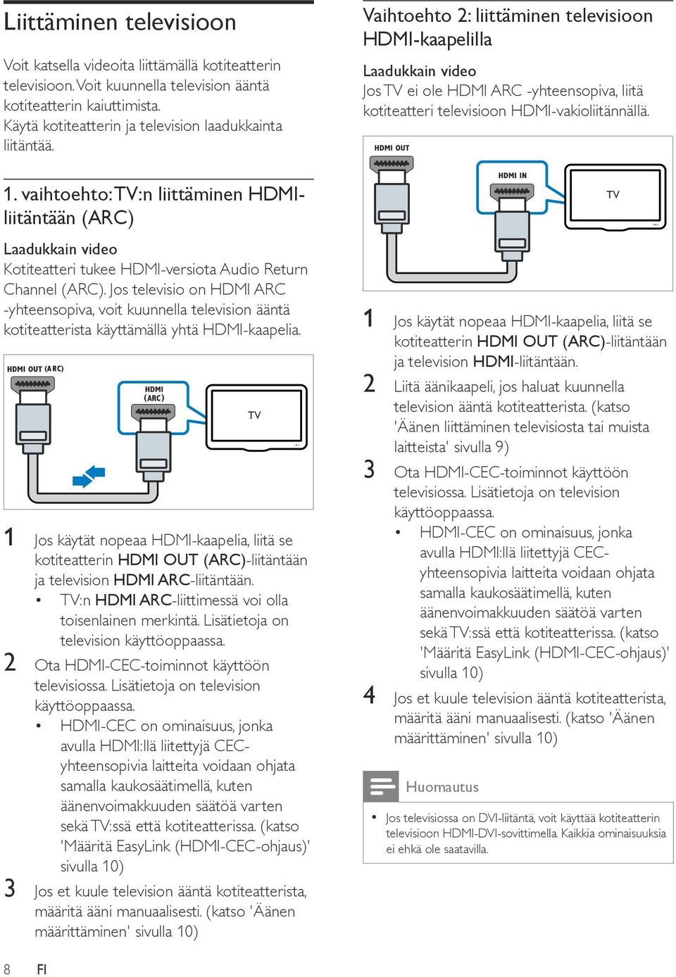 Jos televisio on HDMI ARC -yhteensopiva, voit kuunnella television ääntä kotiteatterista käyttämällä yhtä HDMI-kaapelia.