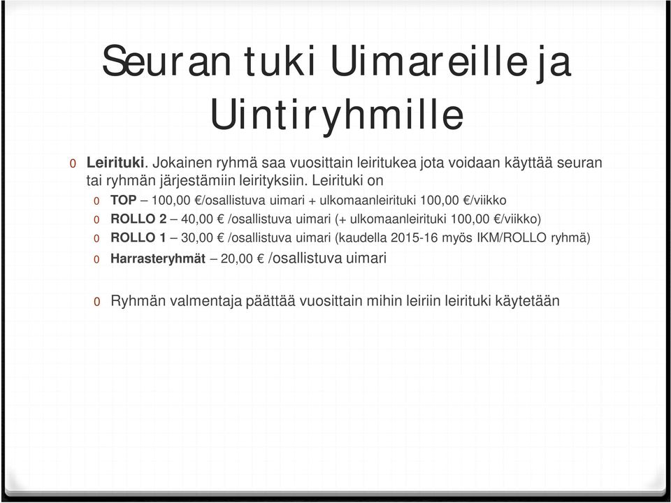 Leirituki on 0 TOP 100,00 /osallistuva uimari + ulkomaanleirituki 100,00 /viikko 0 ROLLO 2 40,00 /osallistuva uimari (+