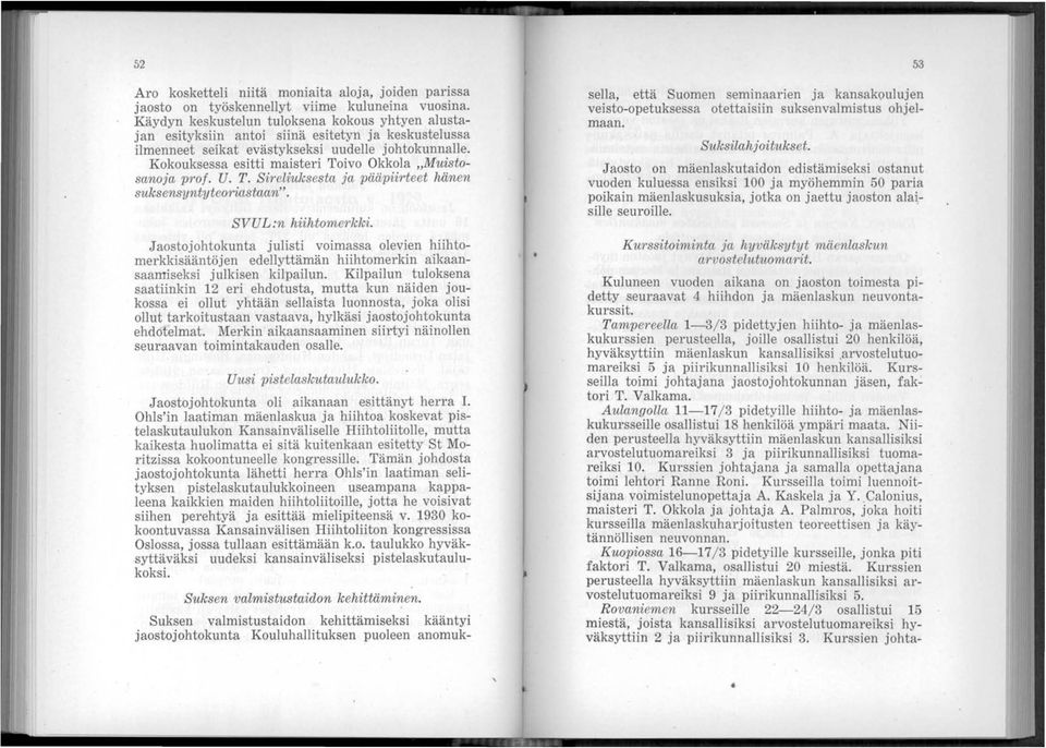 Kokouksessa esitti maisteri Toivo Okkola Muistosanoja p'rol. U. T. Sireliuksesta ja pääpiirteet hänen suksensyntyteoriastaan. SVUL:n hiihtomerkki.