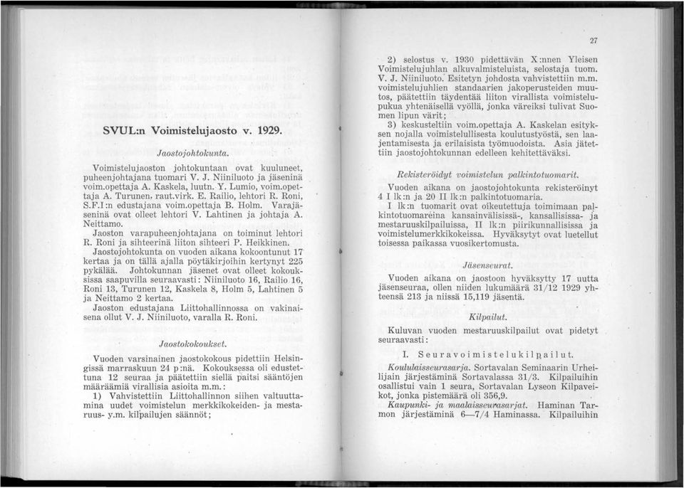 Jaoston varapuheenjohtajana on toiminut lehtori R. Roni ja sihteerinä liiton sihteeri P. Heikkinen.