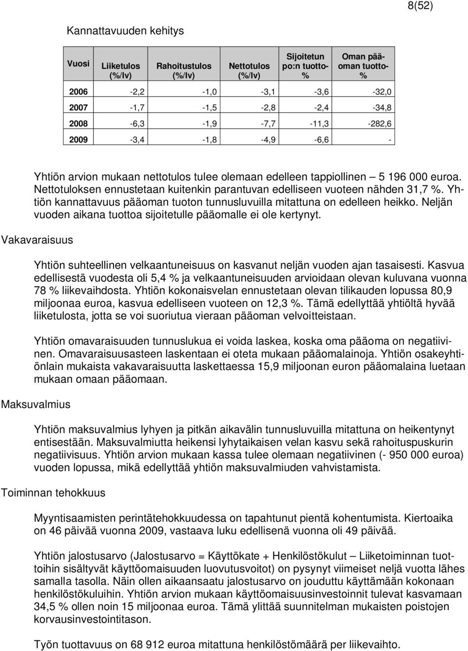 Nettotuloksen ennustetaan kuitenkin parantuvan edelliseen vuoteen nähden 31,7 %. Yhtiön kannattavuus pääoman tuoton tunnusluvuilla mitattuna on edelleen heikko.