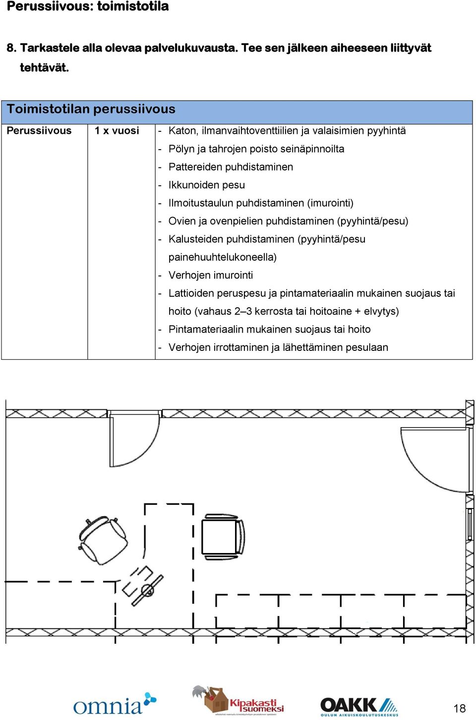 - Ikkunoiden pesu - Ilmoitustaulun puhdistaminen (imurointi) - Ovien ja ovenpielien puhdistaminen (pyyhintä/pesu) - Kalusteiden puhdistaminen (pyyhintä/pesu