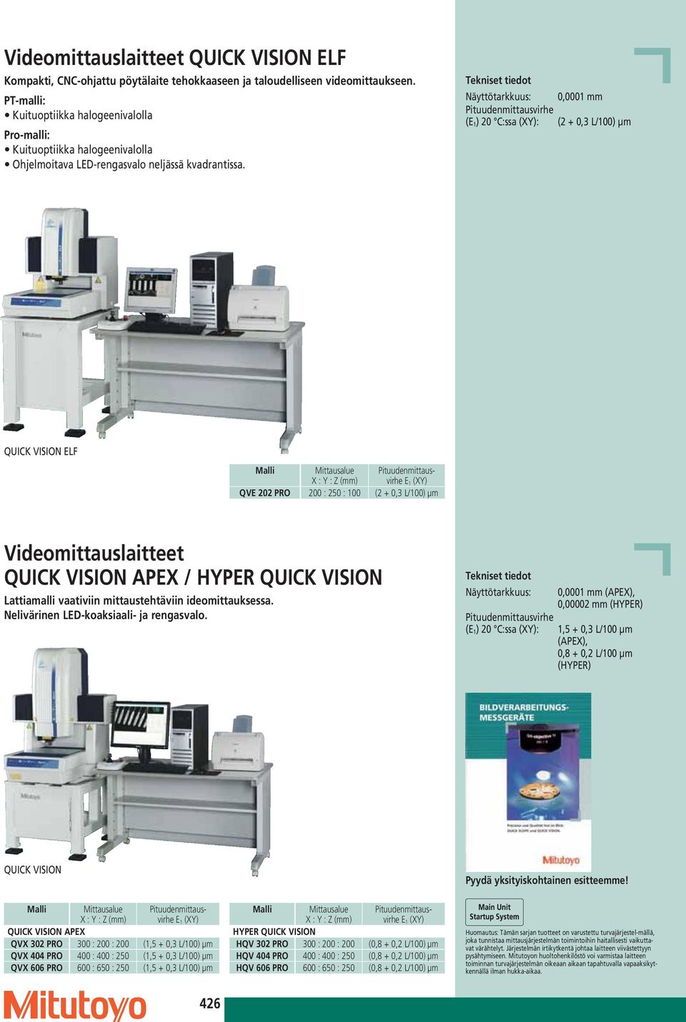 Tekniset tiedot Näyttötarkkuus: 0,0001 mm (E 1 ) 20 C:ssa (XY): (2 + 0,3 L/100) μm QUICK VISION ELF Malli Mittausalue Pituudenmittaus- virhe E 1 (XY) QVE 202 PRO 200 : 250 : 100 (2 + 0,3 L/100) μm