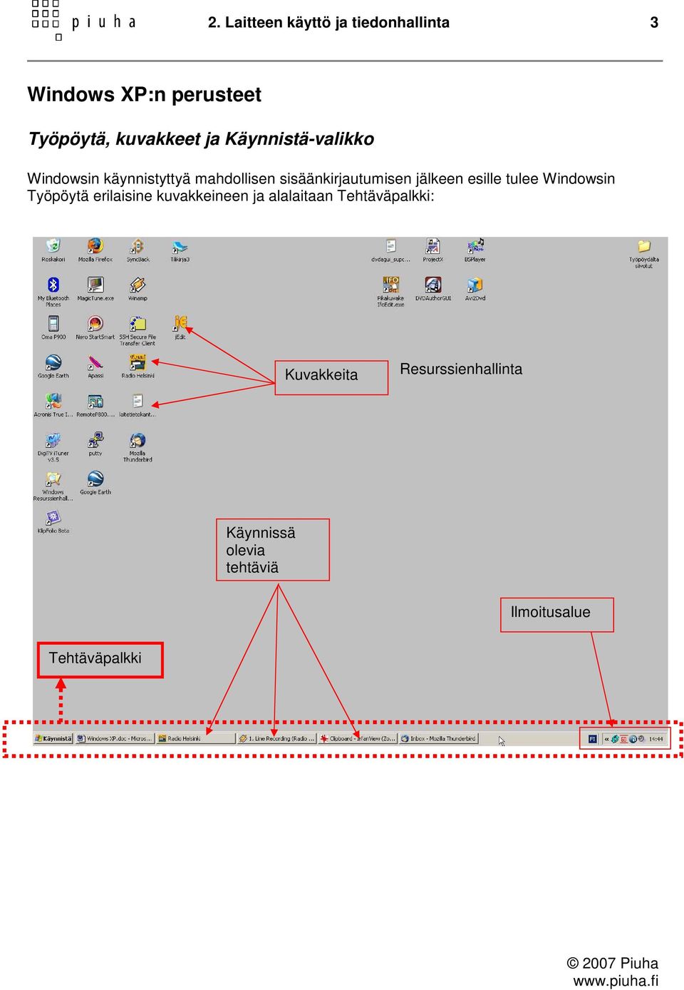 jälkeen esille tulee Windowsin Työpöytä erilaisine kuvakkeineen ja alalaitaan