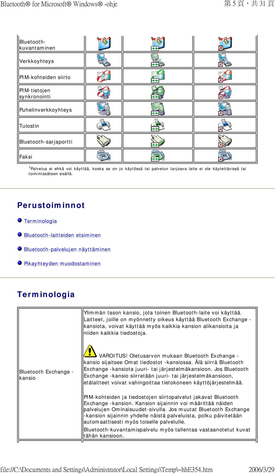 Perustoiminnot Terminologia Bluetooth-laitteiden etsiminen Bluetooth-palvelujen näyttäminen Pikayhteyden muodostaminen Terminologia Ylimmän tason kansio, jota toinen Bluetooth-laite voi käyttää.