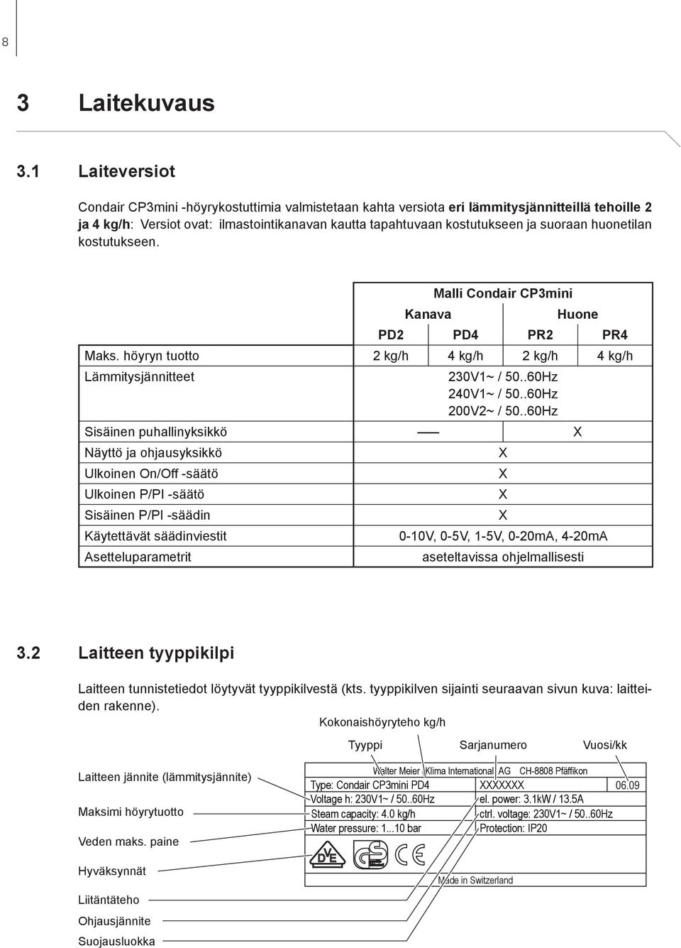 huonetilan kostutukseen. Kanava Malli Condair CP3mini Huone PD2 PD4 PR2 PR4 Maks. höyryn tuotto 2 kg/h 4 kg/h 2 kg/h 4 kg/h Lämmitysjännitteet 230V1~ / 50..60Hz 240V1~ / 50..60Hz 200V2~ / 50.