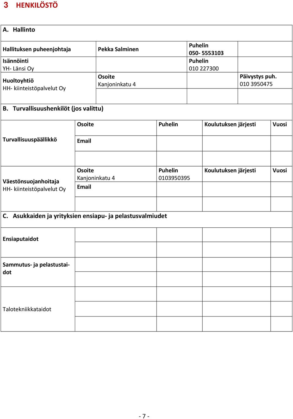 050 5553103 Puhelin 010 227300 Päivystys puh. 010 3950475 B.