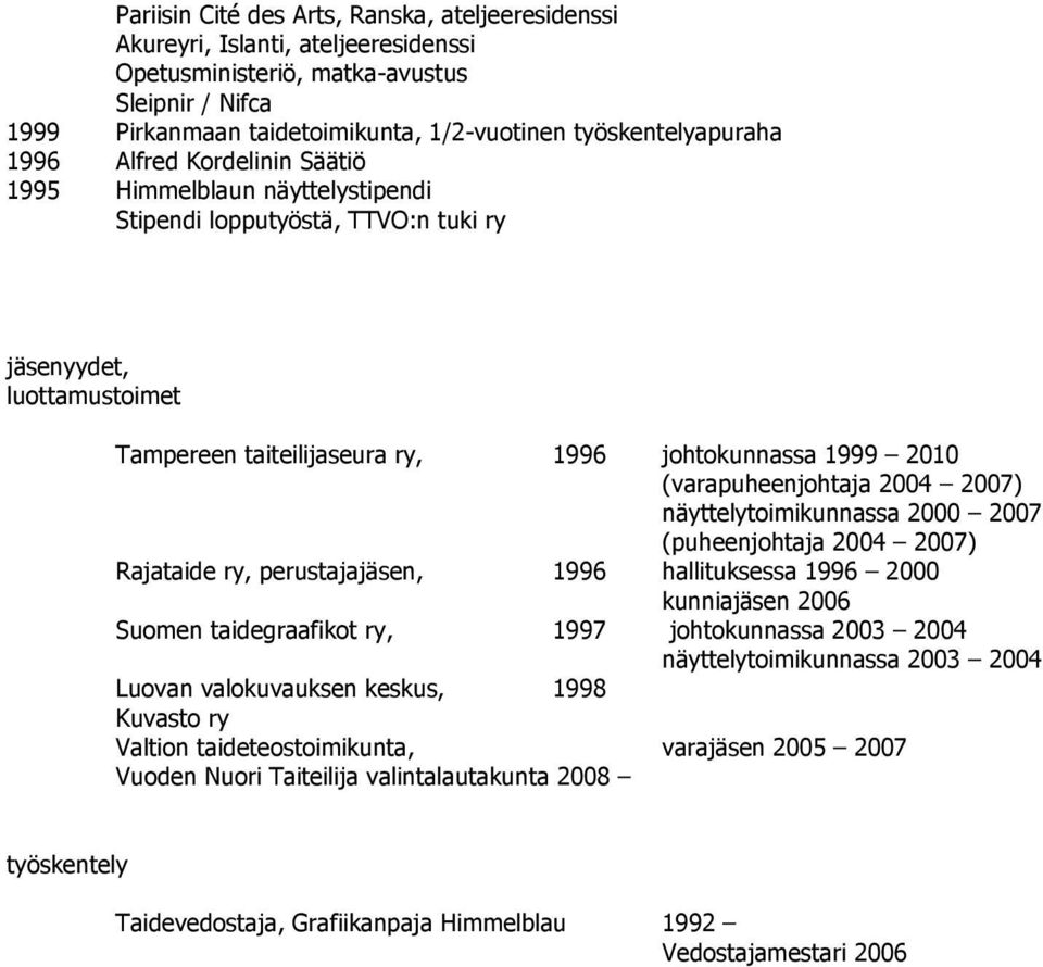 1999 2010 (varapuheenjohtaja 2004 2007) näyttelytoimikunnassa 2000 2007 (puheenjohtaja 2004 2007) Rajataide ry, perustajajäsen, 1996 hallituksessa 1996 2000 kunniajäsen 2006 Suomen taidegraafikot ry,