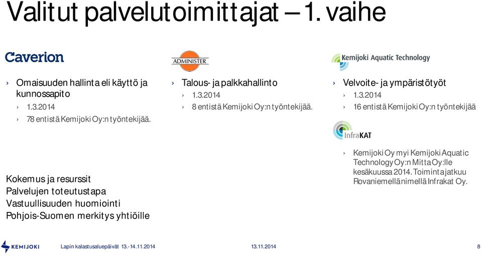 2014 8 entistä Kemijoki Oy:n työntekijää. Velvoite- ja ympäristötyöt 1.3.