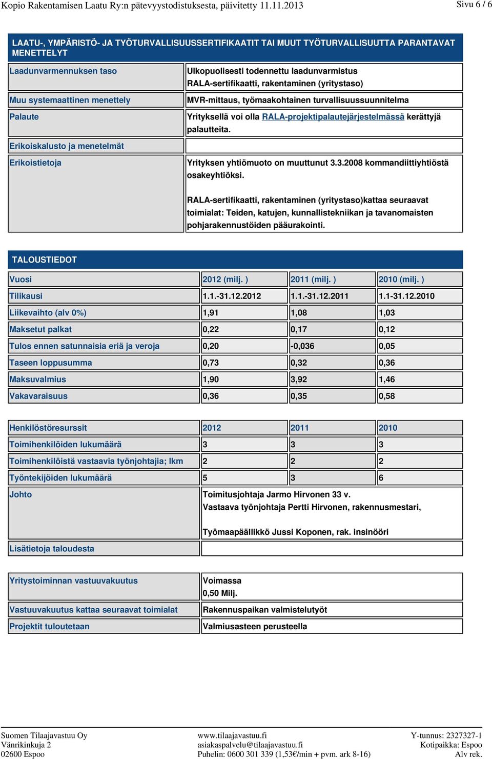 laadunvarmistus RALA-sertifikaatti, rakentaminen (yritystaso) MVR-mittaus, työmaakohtainen turvallisuussuunnitelma Palaute Yrityksellä voi olla RALA-projektipalautejärjestelmässä kerättyjä