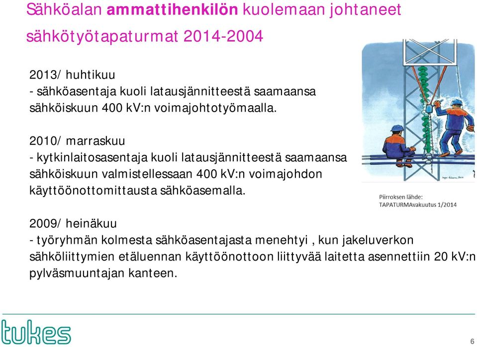 2010/ marraskuu - kytkinlaitosasentaja kuoli latausjännitteestä saamaansa sähköiskuun valmistellessaan 400 kv:n voimajohdon