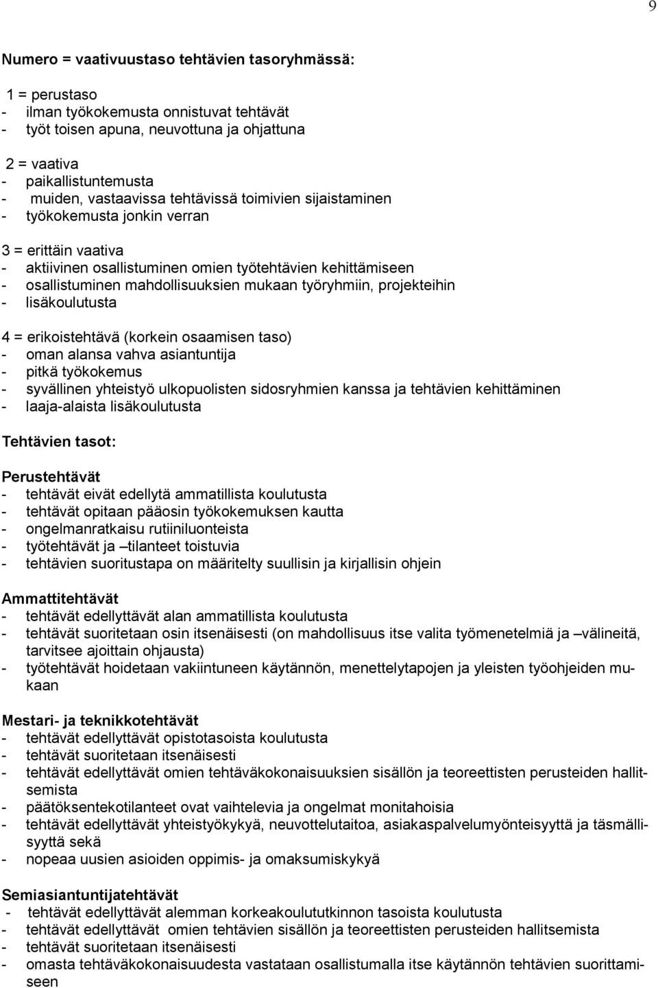 työryhmiin, projekteihin - lisäkoulutusta 4 = erikoistehtävä (korkein osaamisen taso) - oman alansa vahva asiantuntija - pitkä työkokemus - syvällinen yhteistyö ulkopuolisten sidosryhmien kanssa ja