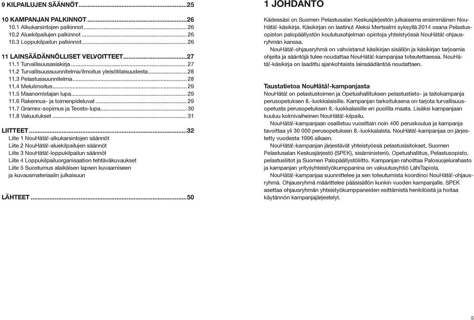 .. 29 11.7 Gramex-sopimus ja Teosto-lupa... 30 11.8 Vakuutukset... 31 LIITTEET...32 Liite 1 NouHätä!-alkukarsintojen säännöt Liite 2 NouHätä!-aluekilpailujen säännöt Liite 3 NouHätä!