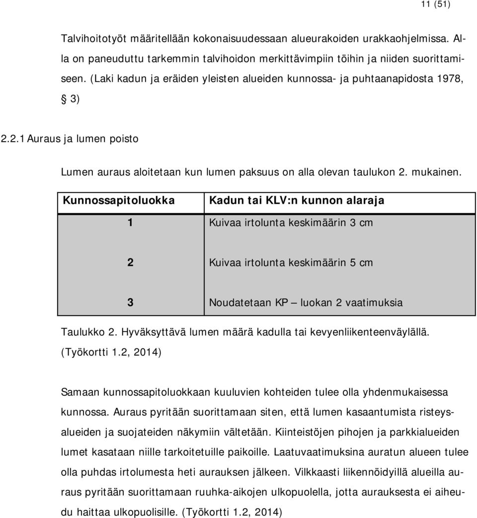 Kunnossapitoluokka 1 Kadun tai KLV:n kunnon alaraja Kuivaa irtolunta keskimäärin 3 cm 2 Kuivaa irtolunta keskimäärin 5 cm T 3 Noudatetaan KP luokan 2 vaatimuksia Taulukko 2.