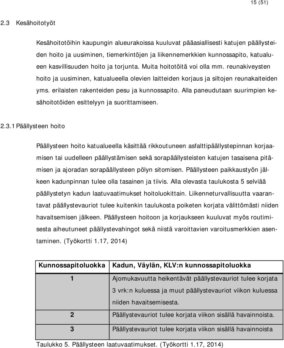 hoito ja torjunta. Muita hoitotöitä voi olla mm. reunakiveysten hoito ja uusiminen, katualueella olevien laitteiden korjaus ja siltojen reunakaiteiden yms. erilaisten rakenteiden pesu ja kunnossapito.