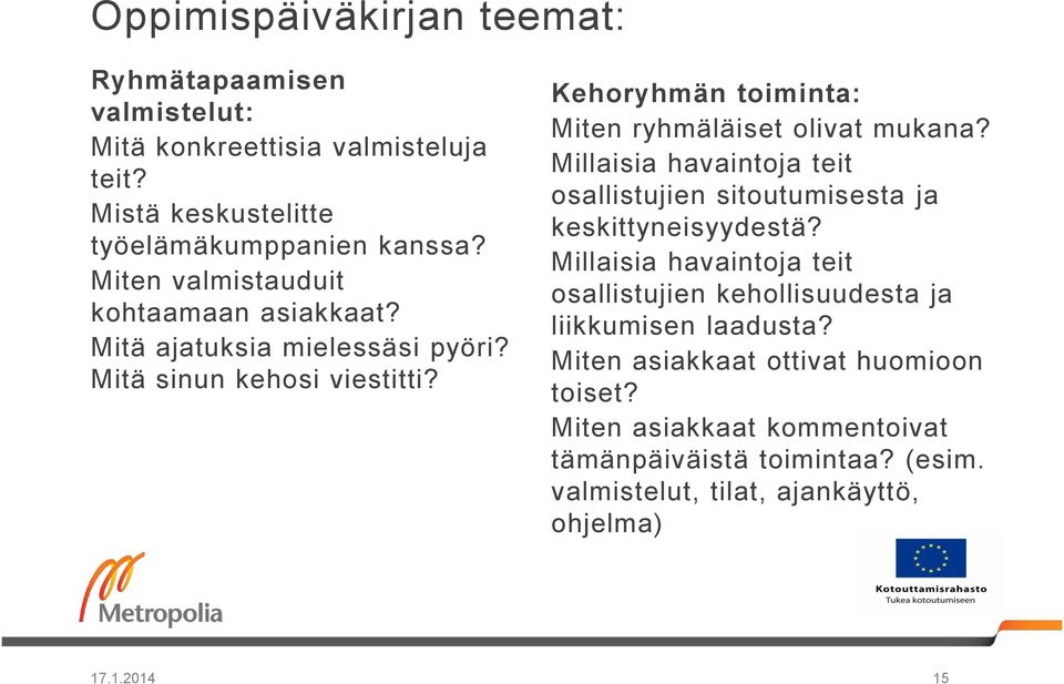 Kehoryhmän toiminta: Miten ryhmäläiset olivat mukana? Millaisia havaintoja teit osallistujien sitoutumisesta ja keskittyneisyydestä?