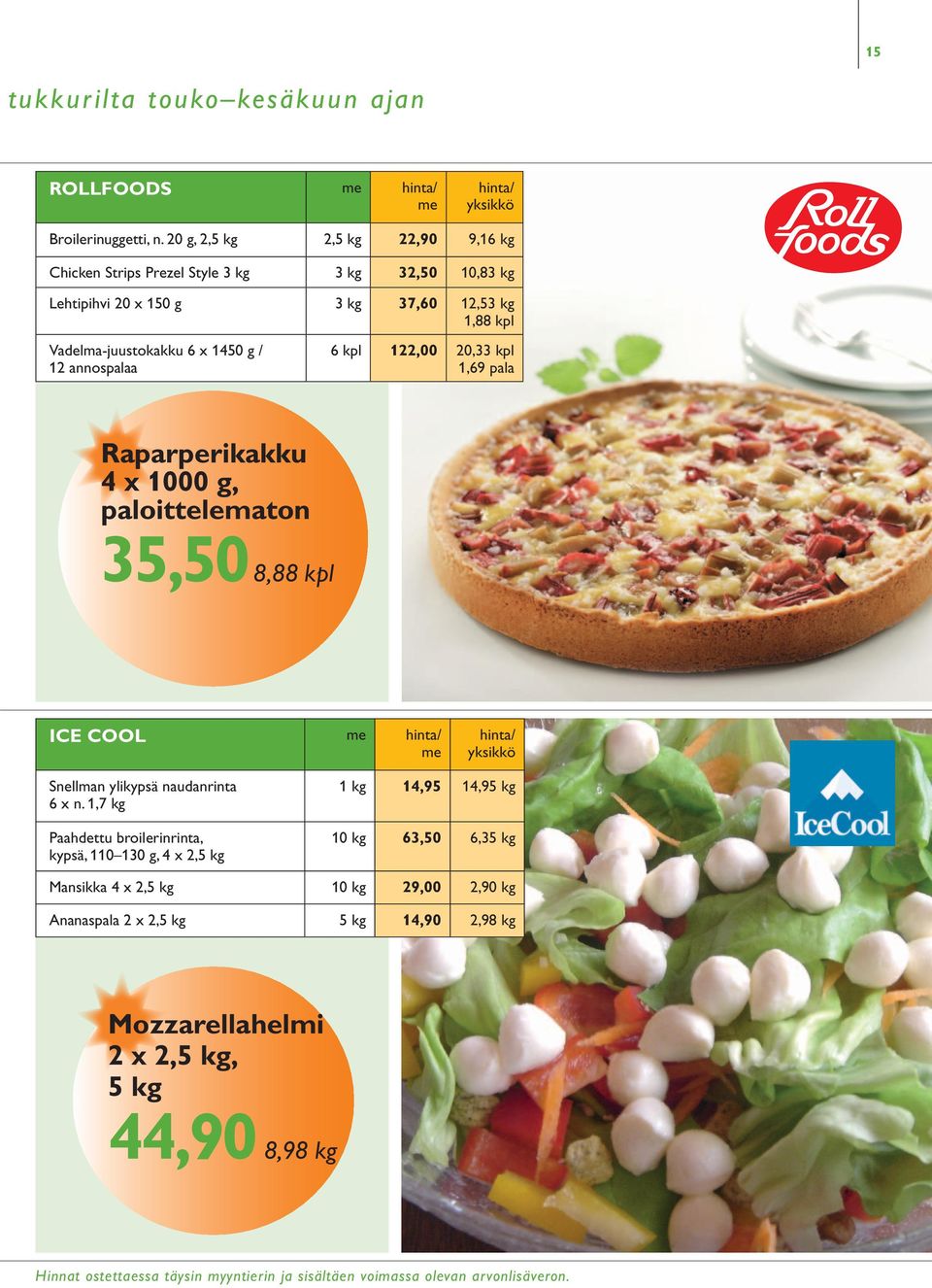 Vadelma-juustokakku 6 x 1450 g / 12 annospalaa 6 kpl 122,00 20,33 kpl 1,69 pala Raparperikakku 4 x 1000 g, paloittelematon 35,50 8,88 kpl ICE COOL