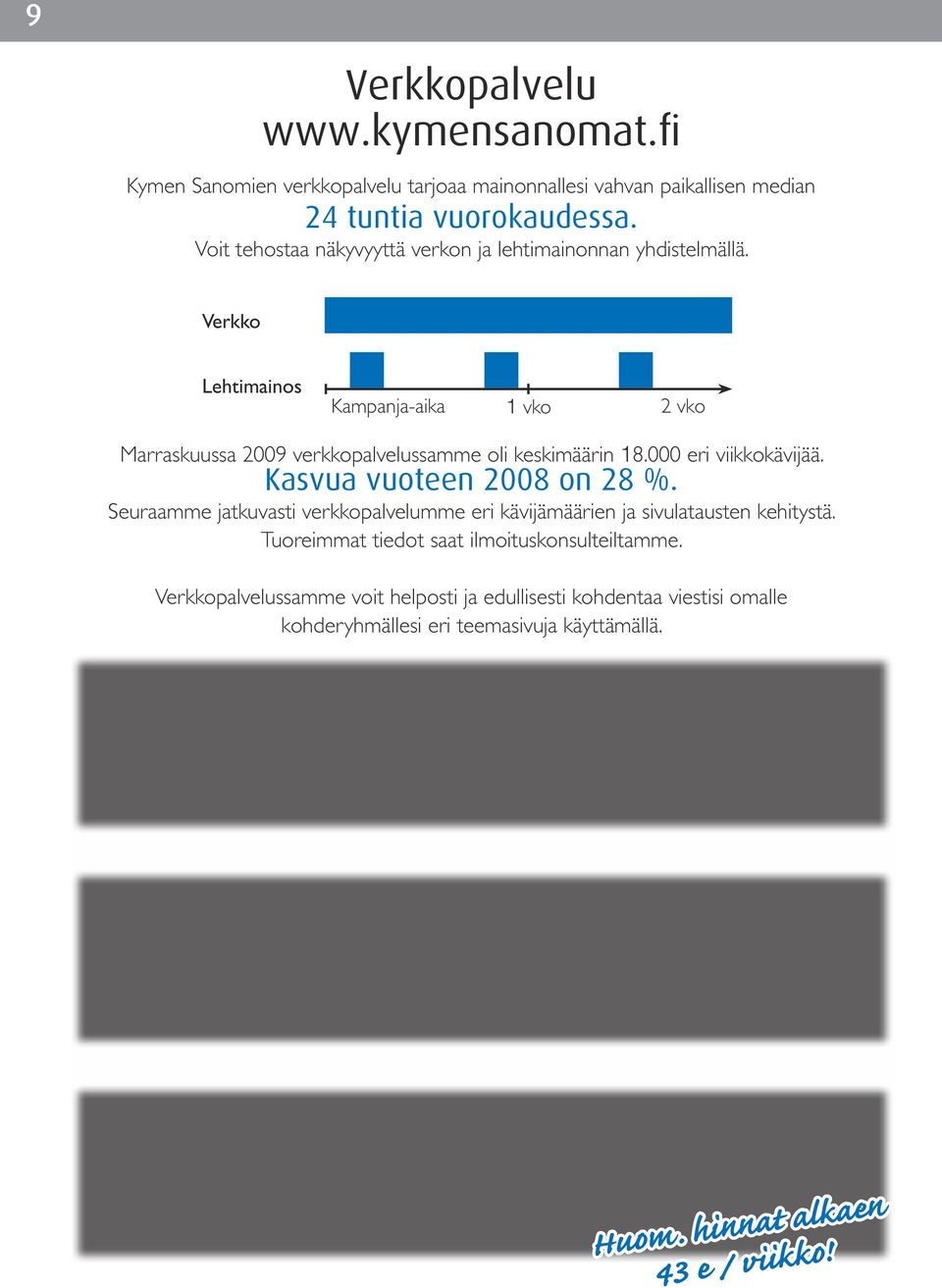 Verkko Lehtimainos Kampanja-aika 1 vko vko Marraskuussa 00 verkkopalvelussamme oli keskimäärin 1. eri viikkokävijää. Kasvua vuoteen 00 on %.