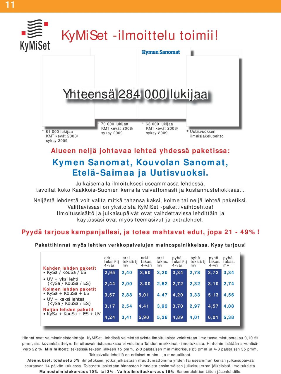 paketissa: Kymen Sanomat, Kouvolan Sanomat, Etelä-Saimaa ja Uutisvuoksi. Julkaisemalla ilmoituksesi useammassa lehdessä, tavoitat koko Kaakkois-Suomen kerralla vaivattomasti ja kustannustehokkaasti.