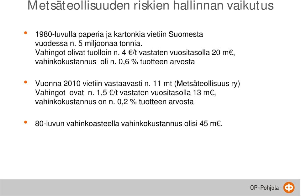 0,6 % tuotteen arvosta Vuonna 2010 vietiin vastaavasti n. 11 mt (Metsäteollisuus ry) Vahingot ovat n.