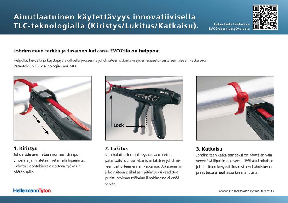 esiasetuksesta sen sileään katkaisuun. Patentoidun TLC-teknologian ansiosta. Lock 1. Kiristys Johdinside asennetaan normaalisti nipun ympärille ja kiristetään vetämällä liipaisinta.