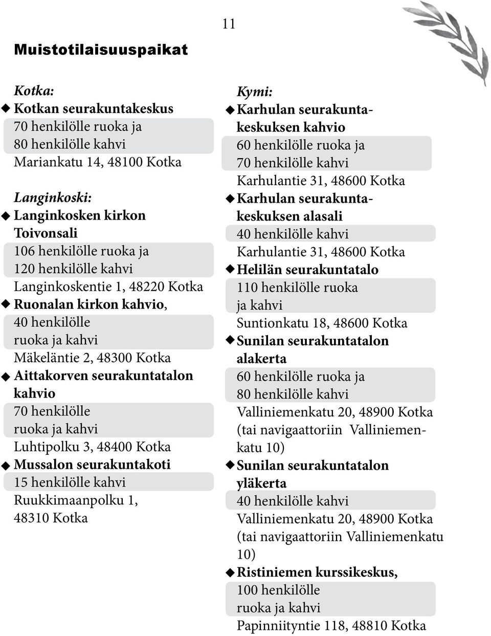 Luhtipolku 3, 48400 Kotka Mussalon seurakuntakoti 15 henkilölle kahvi Ruukkimaanpolku 1, 48310 Kotka 11 Kymi: Karhulan seurakuntakeskuksen kahvio 60 henkilölle ruoka ja 70 henkilölle kahvi