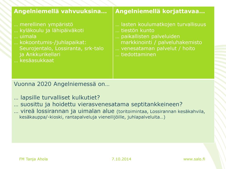 palveluhakemisto venesataman palvelut / hoito tiedottaminen Vuonna 2020 Angelniemessä on lapsille turvalliset kulkutiet?