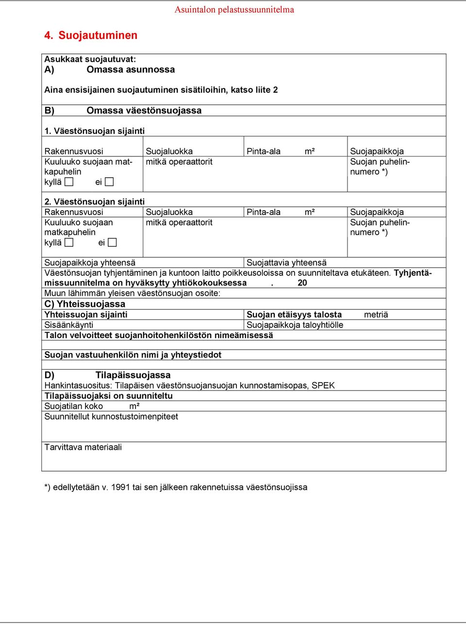 Väestönsuojan sijainti Rakennusvuosi Suojaluokka Pinta-ala m² Suojapaikkoja Kuuluuko suojaan matkapuhelin mitkä operaattorit Suojan puhelinnumero *) kyllä ei Suojapaikkoja yhteensä Suojattavia