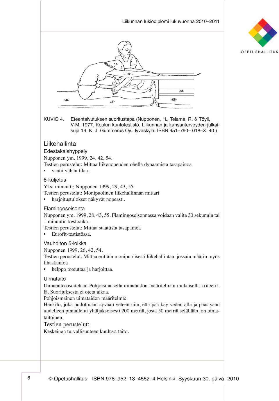 8-kuljetus Yksi minuutti; Nupponen 1999, 29, 43, 55. Testien perustelut: Monipuolinen liikehallinnan mittari harjoitustulokset näkyvät nopeasti. Flamingoseisonta Nupponen ym. 1999, 28, 43, 55.