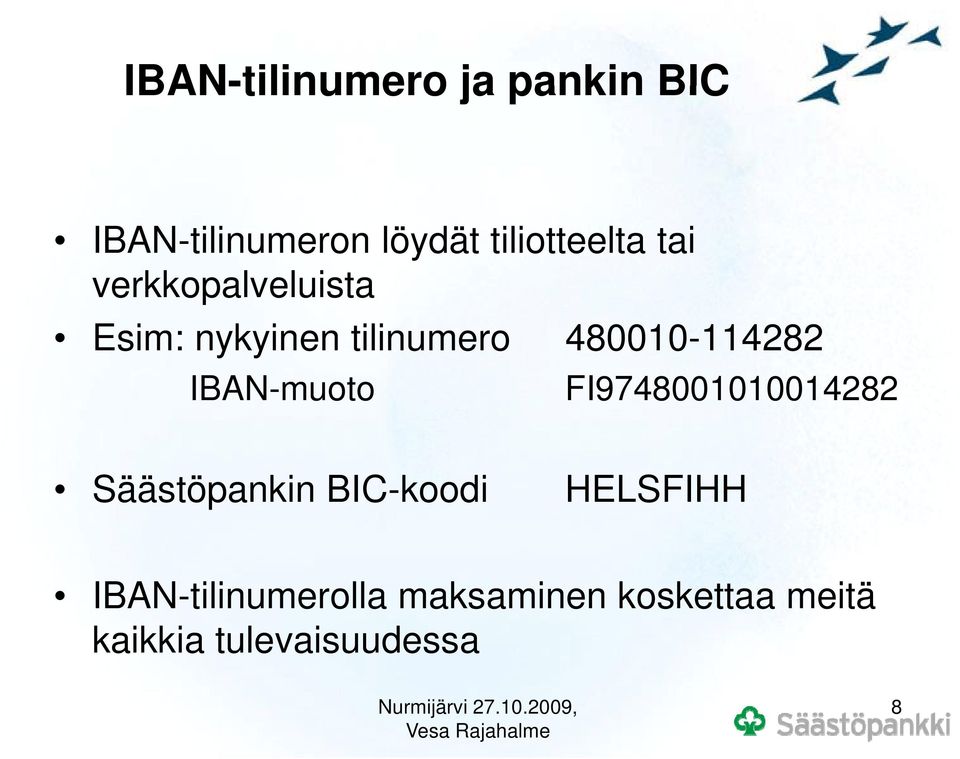 IBAN-muoto FI9748001010014282 Säästöpankin BIC-koodi HELSFIHH