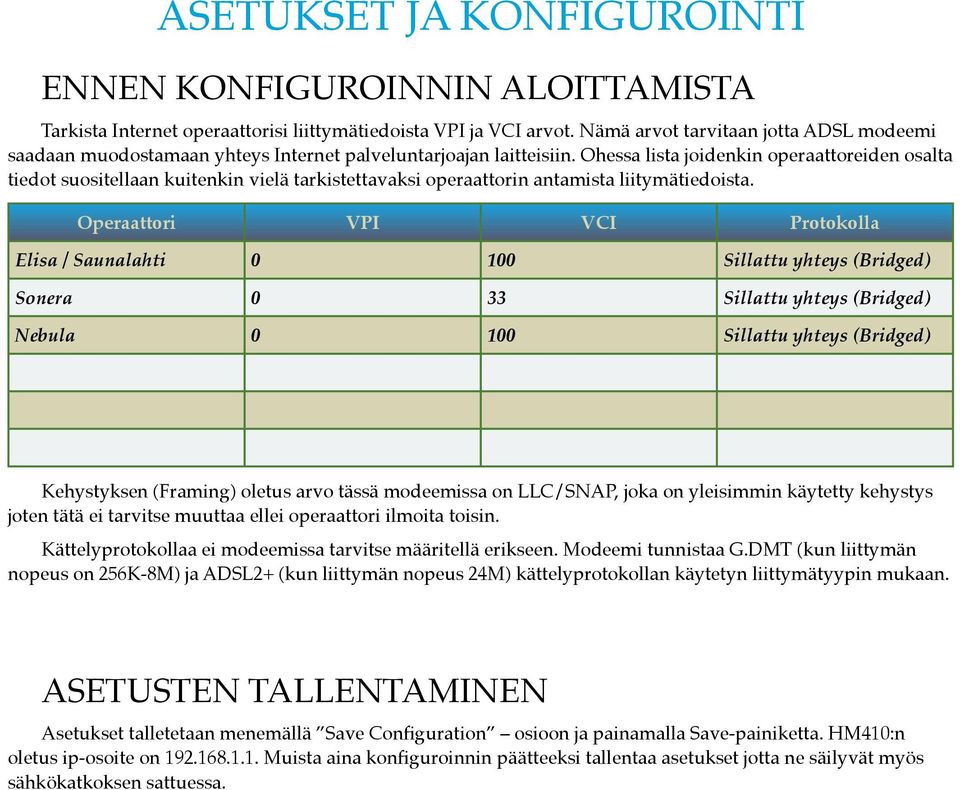 Ohessa lista joidenkin operaattoreiden osalta tiedot suositellaan kuitenkin vielä tarkistettavaksi operaattorin antamista liitymätiedoista.