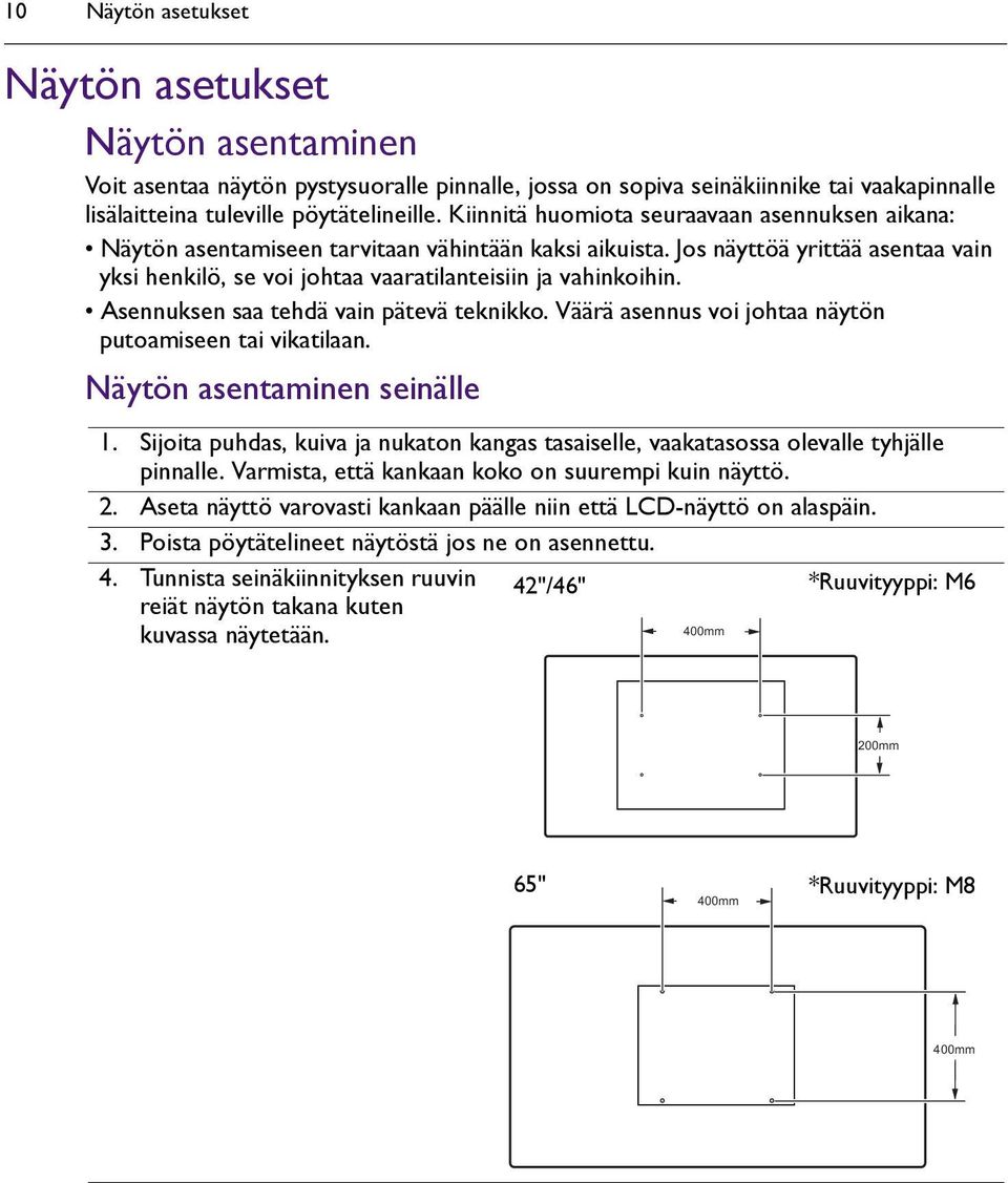 Asennuksen saa tehdä vain pätevä teknikko. Väärä asennus voi johtaa näytön putoamiseen tai vikatilaan. Näytön asentaminen seinälle 1.
