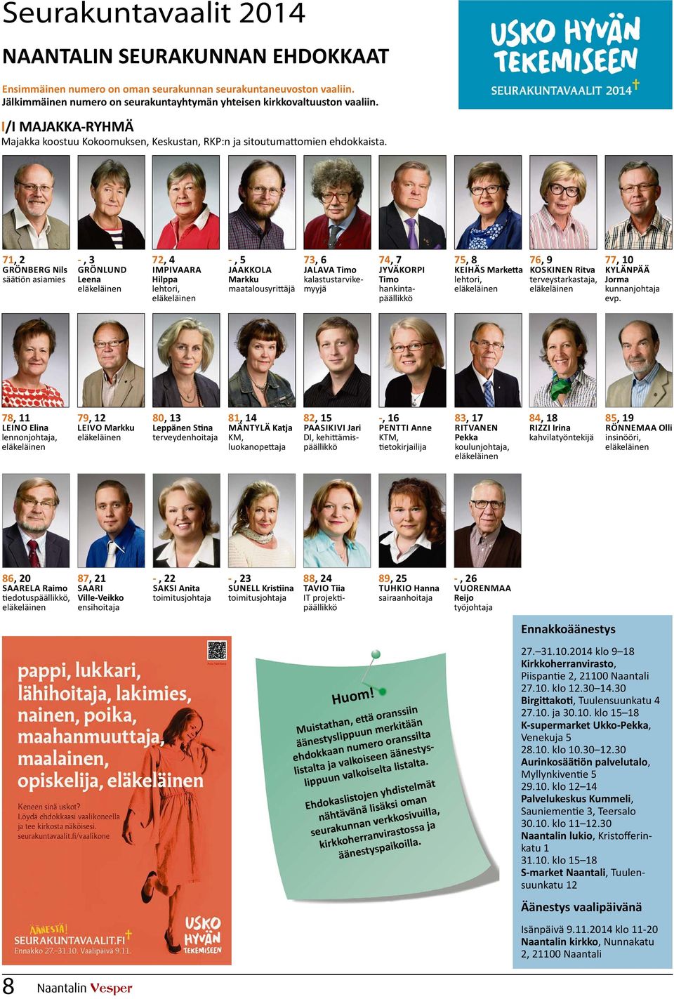 75, 8 KEIHÄS Marketta lehtori, 76, 9 KOSKINEN Ritva terveystarkastaja, 77, 10 KYLÄNPÄÄ Jorma kunnanjohtaja evp.